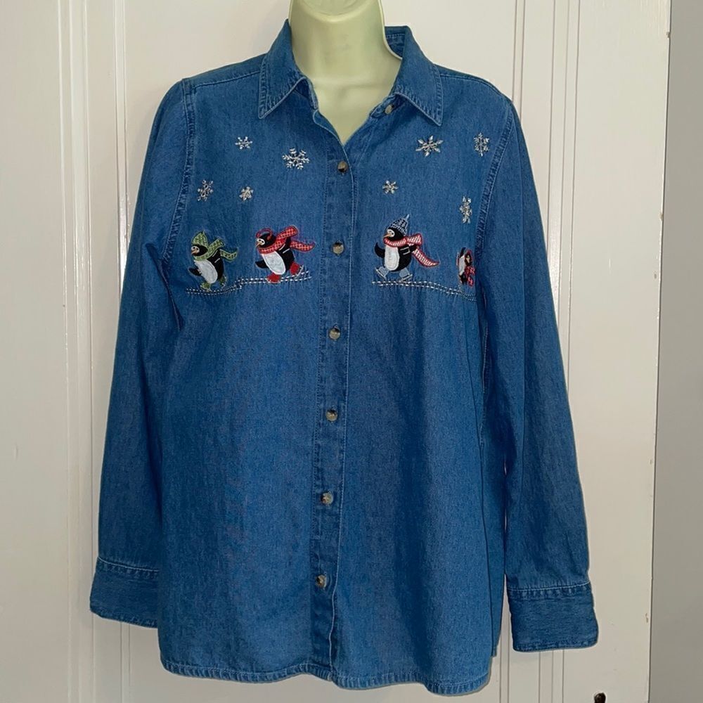 At Last Sportswear Holiday/Christmas blue denim shirt with embroidered penguins